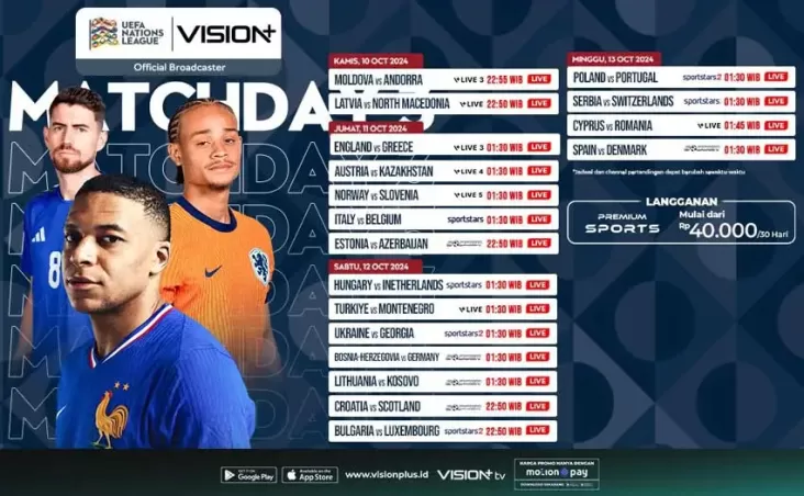 Jadwal juga Link Nonton Matchday 3 UEFA Nations League di tempat di Vision+